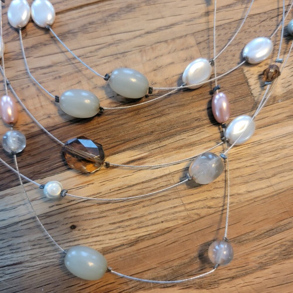 Beaded Necklace & Earring Set w Silver, White, and Amber Colors - Picture 6 of 13